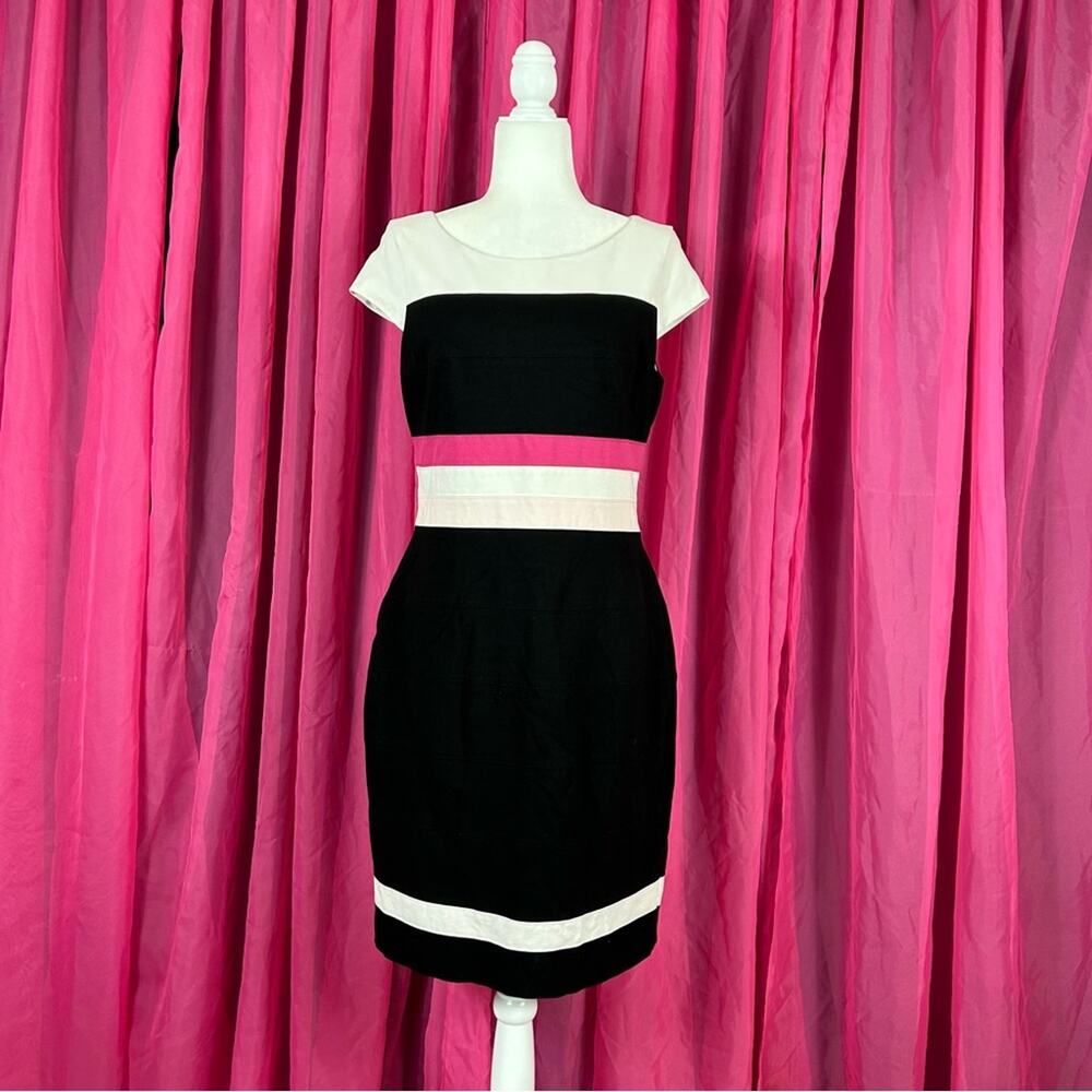 WHBM black, white, and‎ pink striped short sleeved sheath dress, size 12